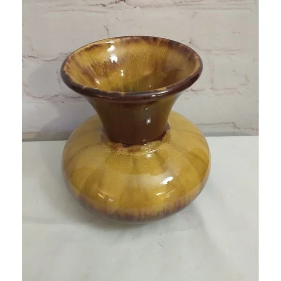 Vintage MCM Blue Mountain Pottery Vase Glossy Yellow & Brown Glaze  5" - Picture 4 of 8
